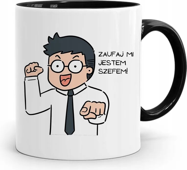 Bögre Fekete Ajándék Bízz Bennem Én Vagyok A Főnök nyomott mintával