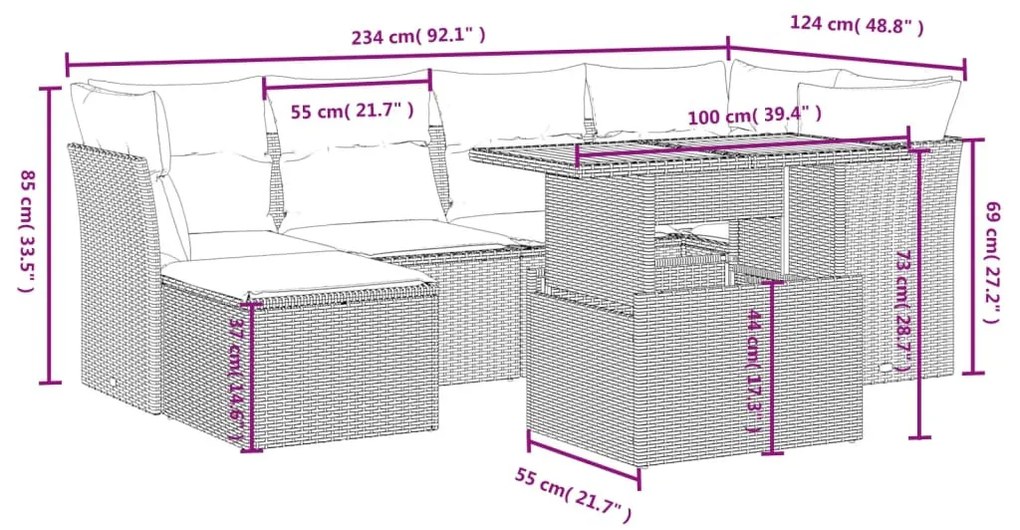 7 részes fekete polyrattan kerti ülőgarnitúra párnával