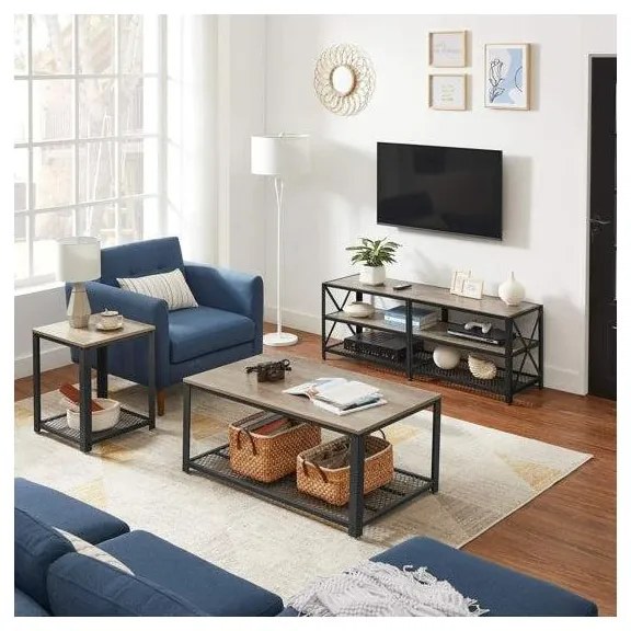 TV szekreny, TV-asztal polcokkal, acélkerettel, 140 x 52 x 39 cm, greige és fekete