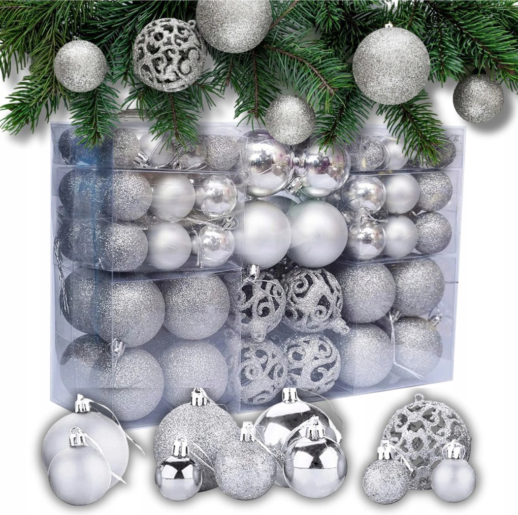 Karácsonyfadísz Szett 6/4/3 cm 100 db-os Ezüst Karácsonyi