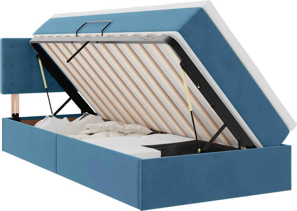 vidaXL Tárolós Ágy matracmal fejtámlával Sötét kék 90 x 190 cm Bársony