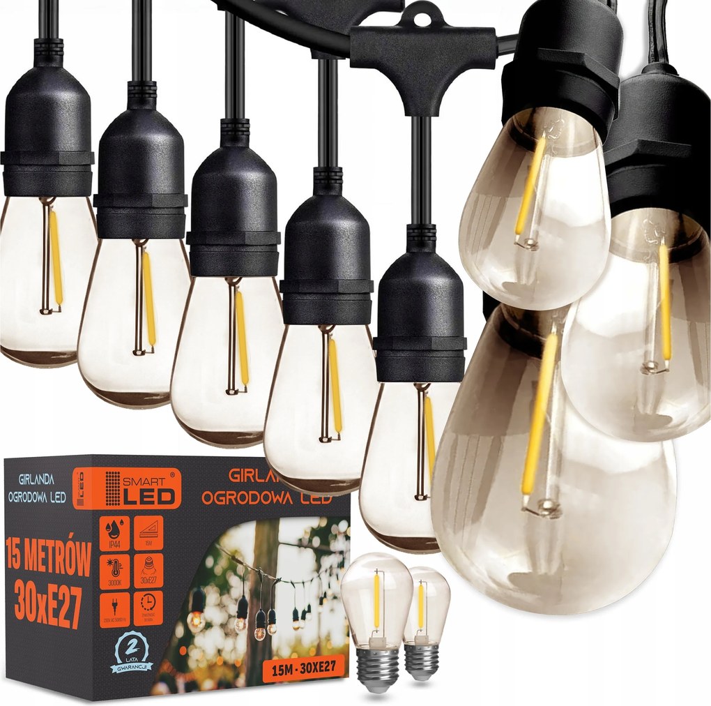 Kerti fényfüzér 15M 30X E27 Led izzó vízálló kábel
