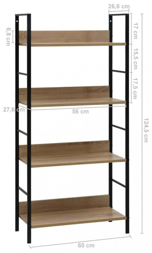 4 szintes tölgyszínű szerelt fa könyvespolc 60x27,6x124,5 cm