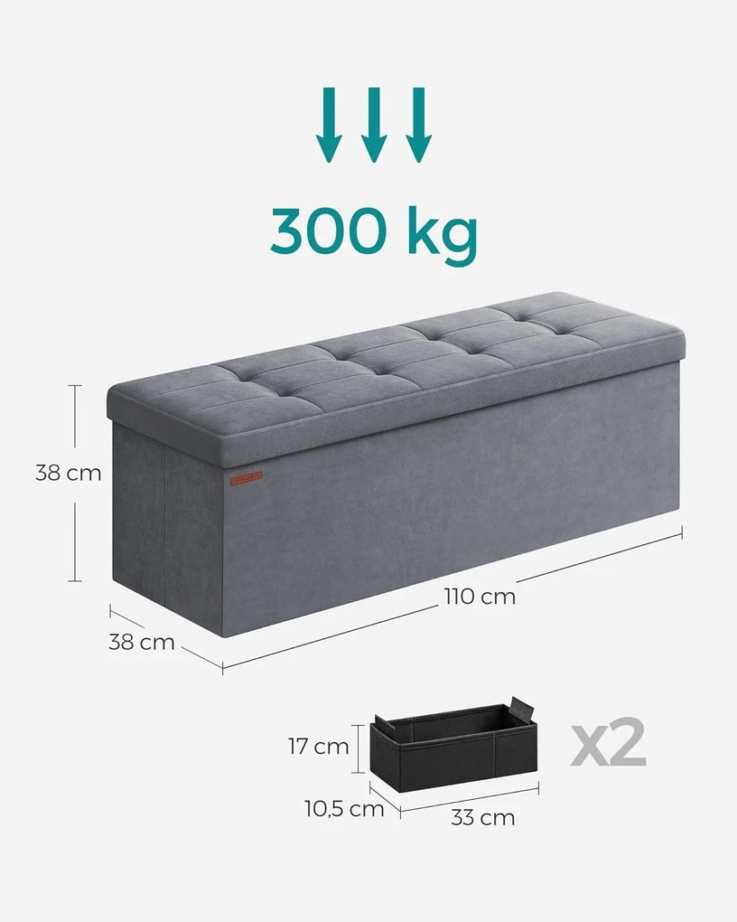 Összecsukható Puff Tárolópad 38 x 110 x 38 cm,  300 kg teherbírás, szürke