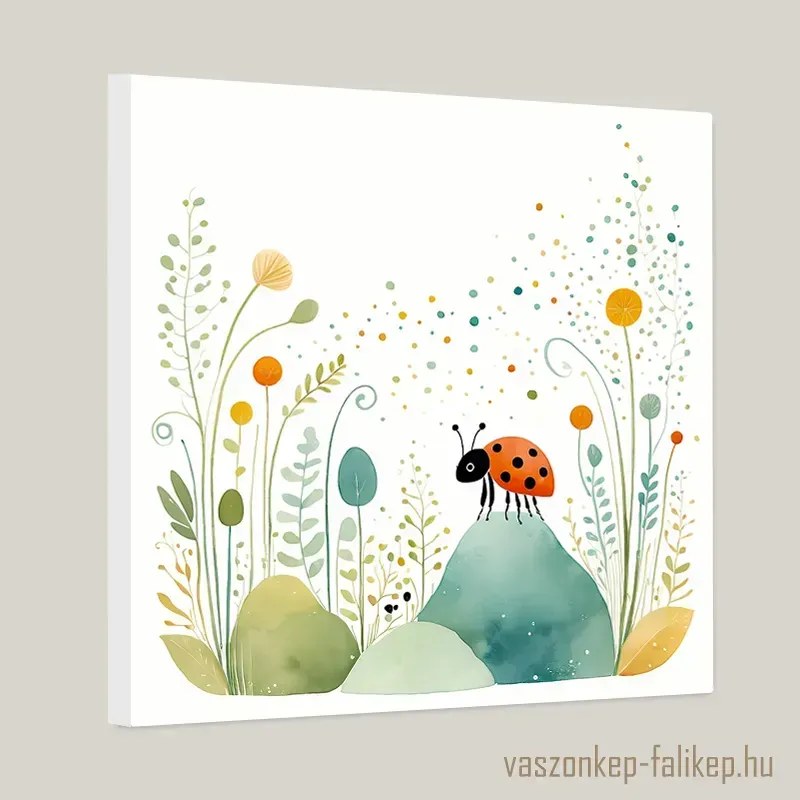 Aranyos kis katicabogár illusztráció akvarell – bájos falikép gyerekszobába 40x40cm