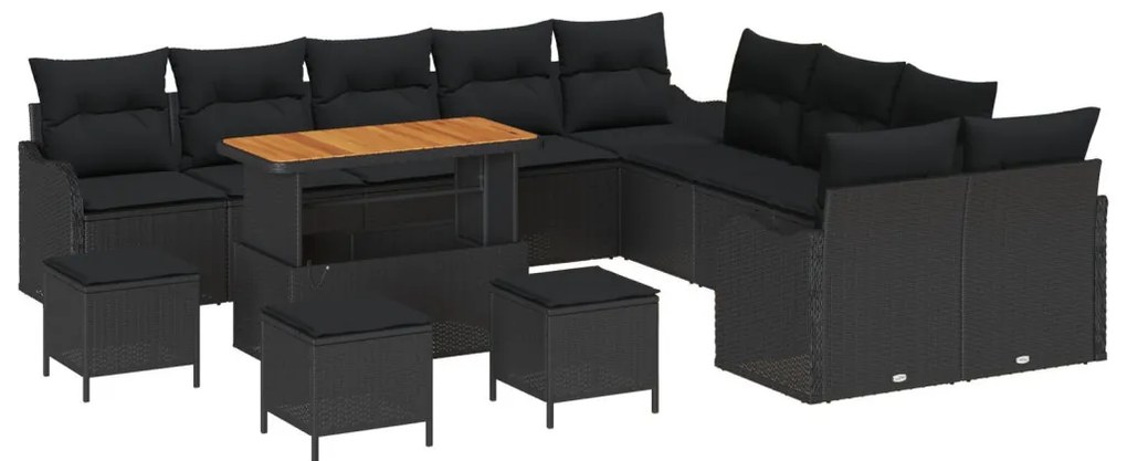 13 Darabos Kert Sofa Szett Párnákkal Fekete Poli Rattan Akác, 2-Fős Kert Sofa Tárolóval &amp; Párnákkal Fekete Poli Rattan, 3 Darabos Kerti Étkezős Szett Párnákkal Fekete Poli Rattan Akác
