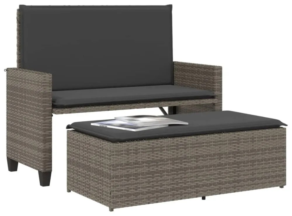 szürke polyrattan kerti pad párnával és lábtartóval