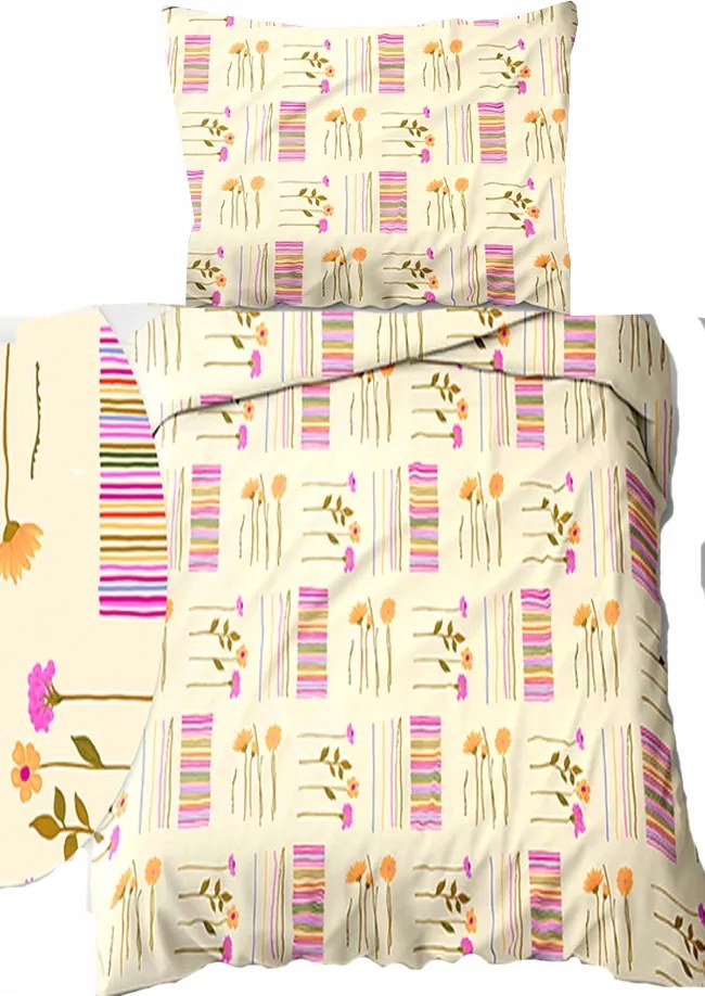 Krepp ágyneműhuzat 140x200+70x90cm Virágcsíkok krémszínű alapon