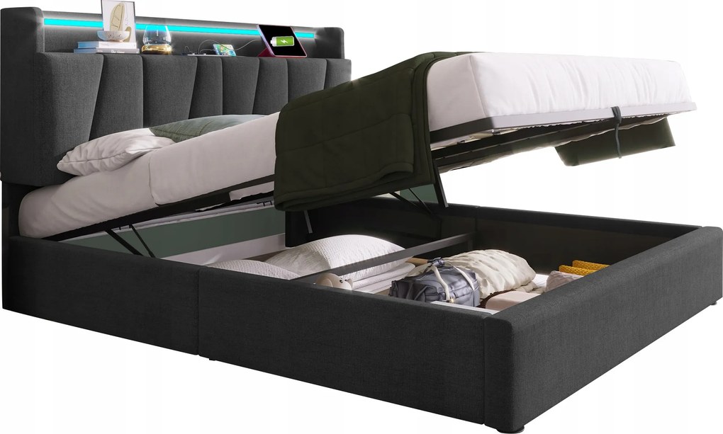 kárpitozott franciaágy Usb töltős Led tároló 140X200