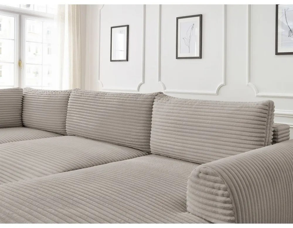 Világosszürkésbézs kordbársony kinyitható sarokkanapé (jobb oldali-U alakú) Lucien – Bobochic Paris