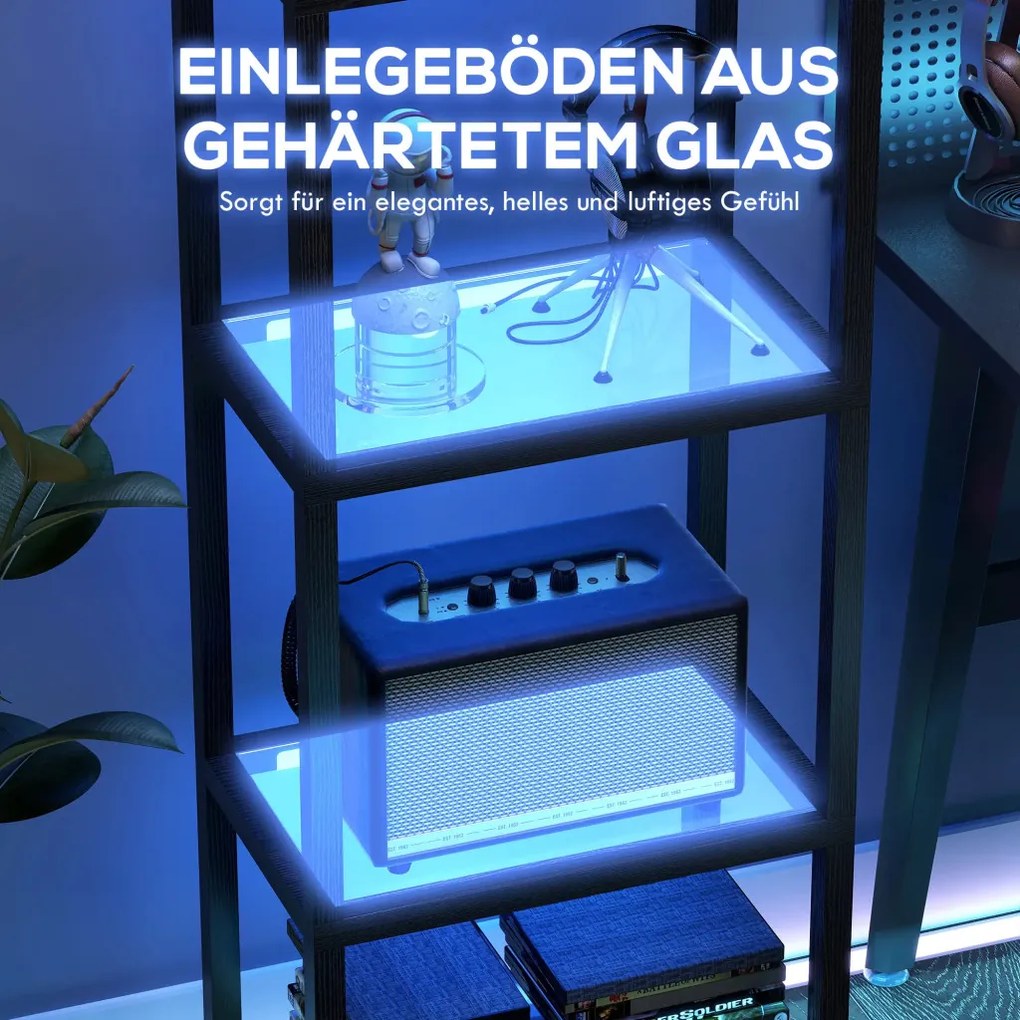 Állólámpa RGB üvegpolcokkal, 4-szintes LED állólámpa távirányítóval, fekete