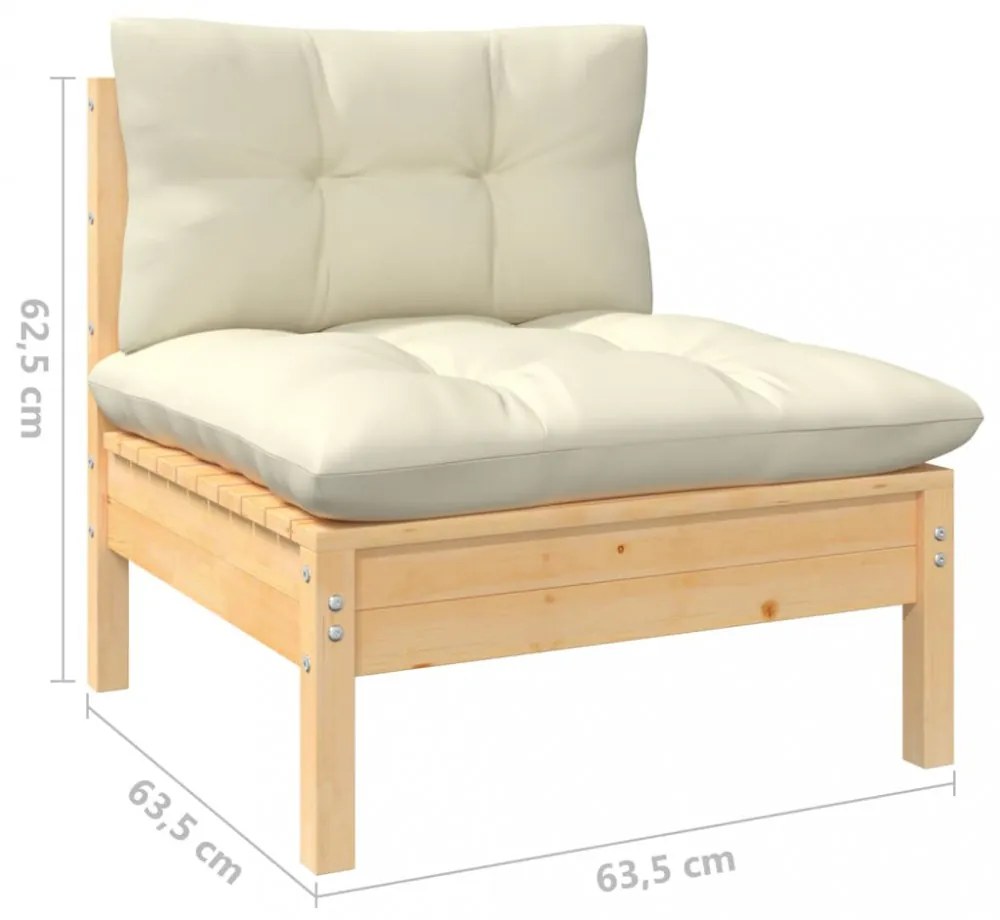 7 részes fenyőfa kerti ülőgarnitúra krémszínű párnákkal