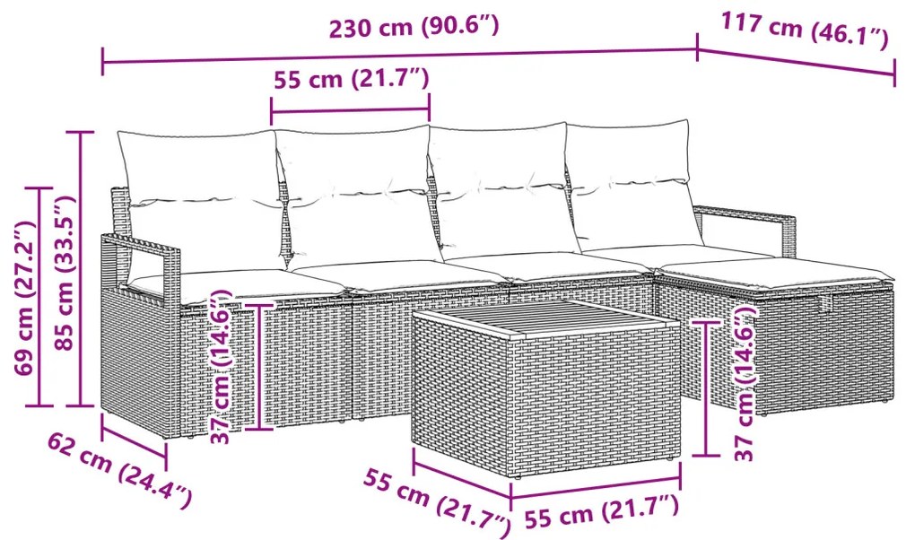 6 darabos kerti kanapé párnákkal fekete poli rattan