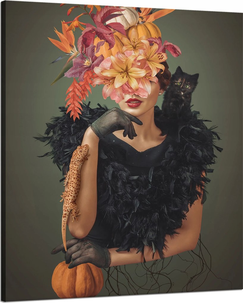 Vászonkép Hölgy macskával Virágok Fekete 80x100 cm Ideális ajándék