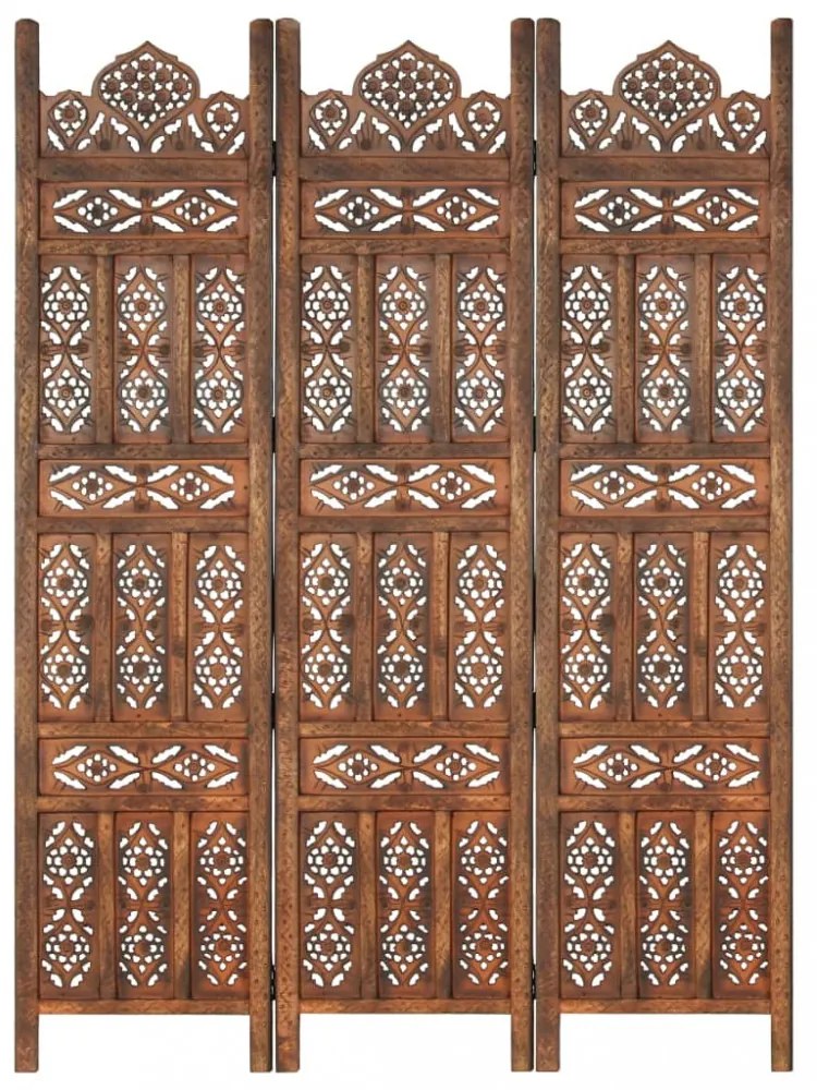 vidaXL 3-paneles barna mangófa kézzel faragott térelválasztó 120x165cm