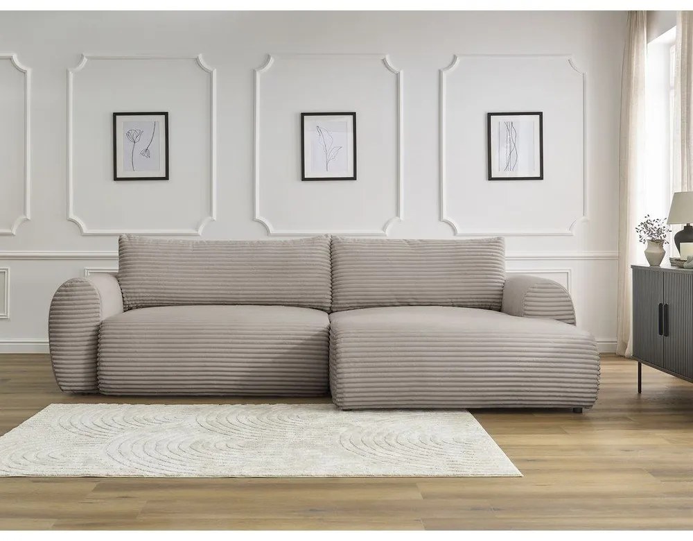 Világosszürkés bézs kordbársony kinyitható sarokkanapé (jobb oldali) Lucien – Bobochic Paris