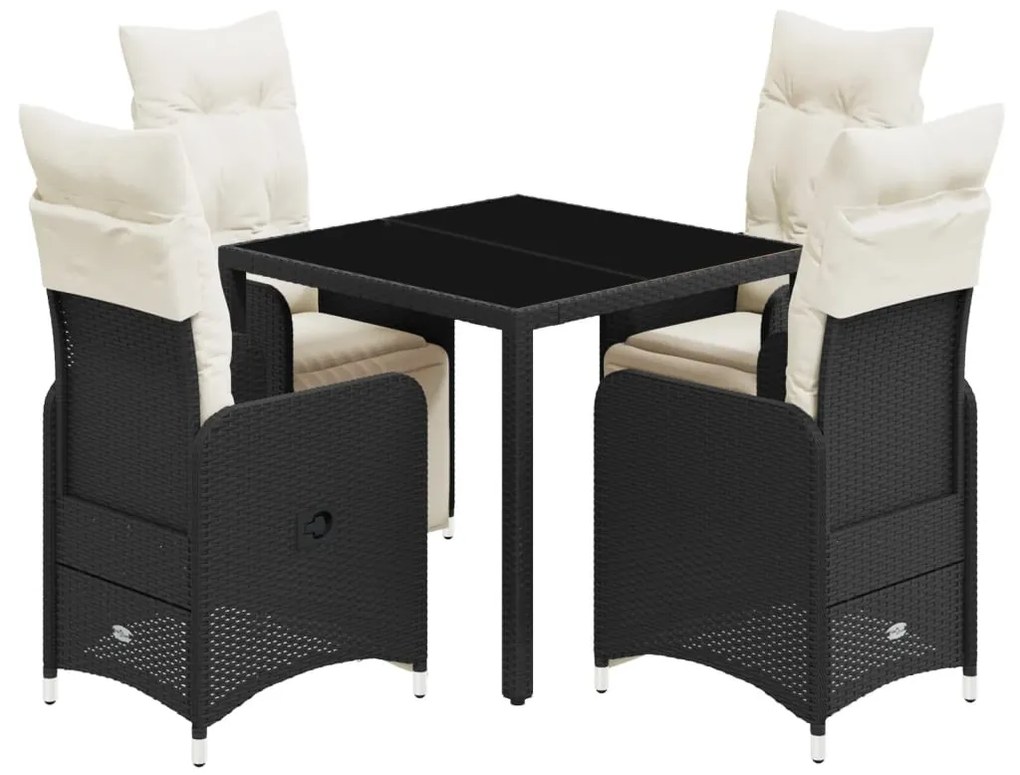5 részes fekete polyrattan kerti bisztrógarnitúra párnákkal