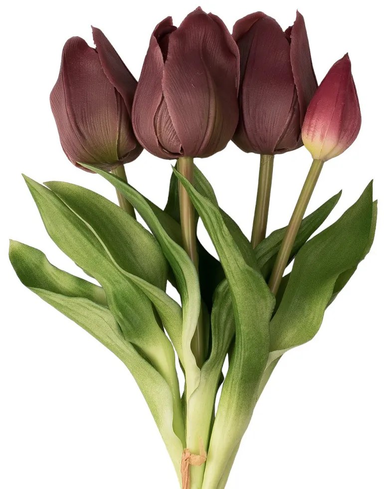 Real touch gumi tulipán, 5 szálas köteg, 30cm magas - Bordó