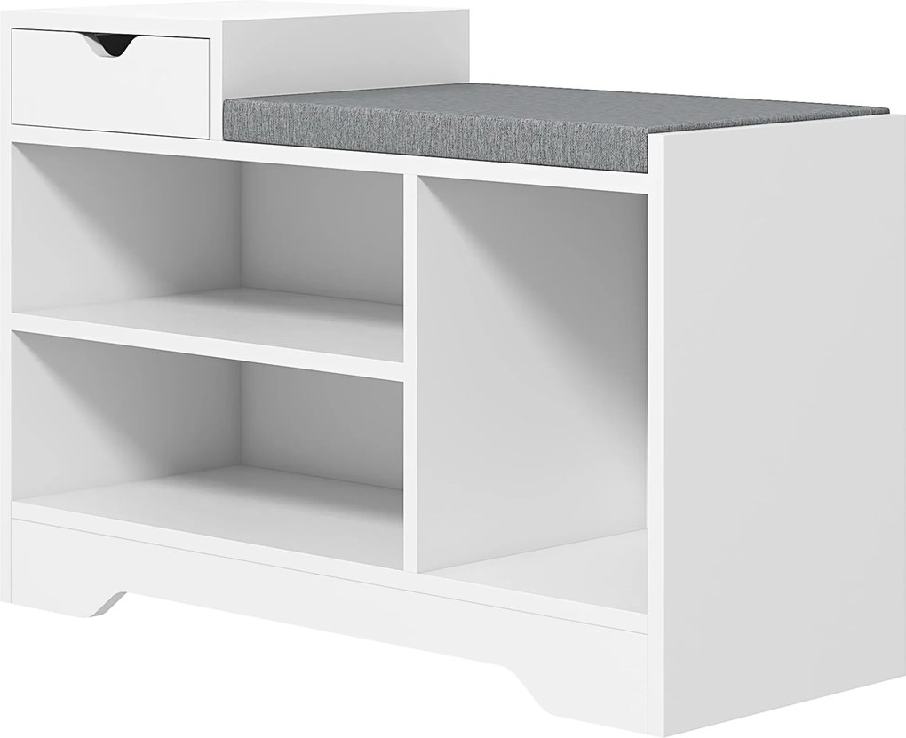 HOMCOM Cipőpad, Tárolópad, 1 Fiók és 3 Rekesz, Előszobai Bútor Párnázott Üléssel, 76,5 x 30 x 52 cm, Fehér | Aosom