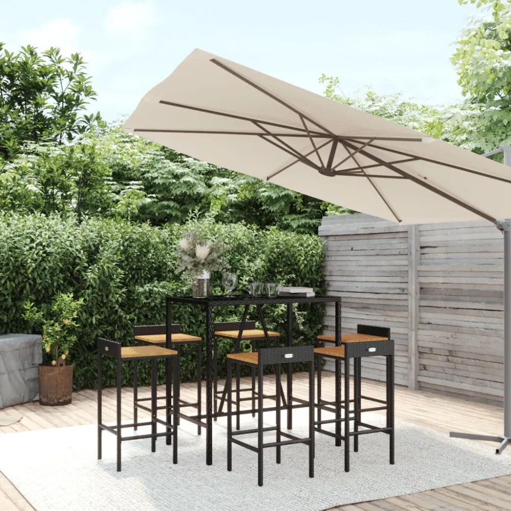 7 részes fekete polyrattan és tömör akácfa kerti bárszett