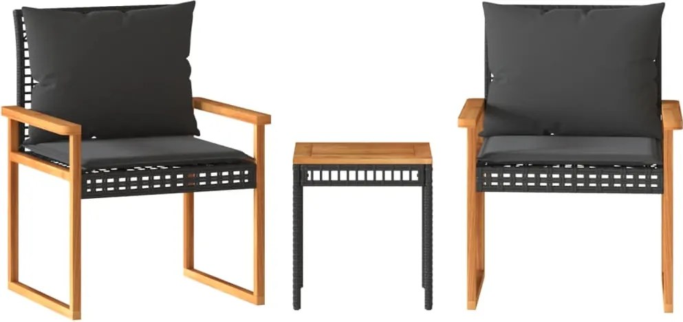 vidaXL 3 részes fekete polyrattan és akácfa bisztrószett párnákkal