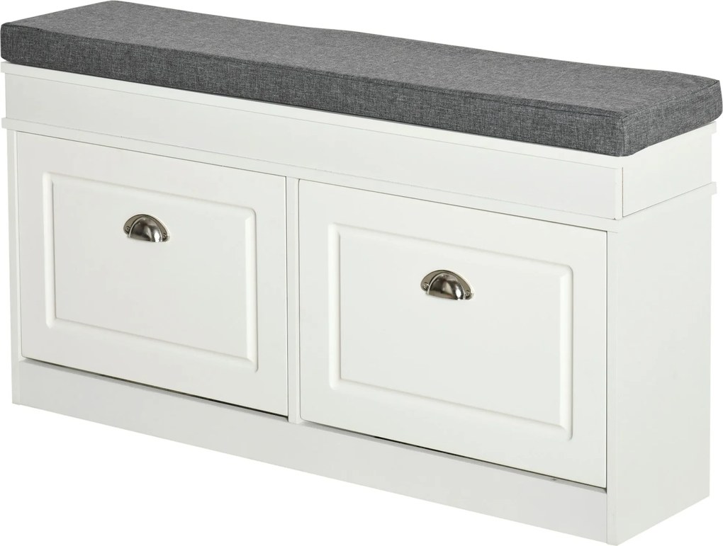 HOMCOM Cipőpad, Cipőtároló Pad 8 Pár Cipőhöz 2 Fiókkal, Állítható Polcokkal és Párnázott Üléssel Előszobába, Folyosóra 104x24x55 cm Fehér | Aosom