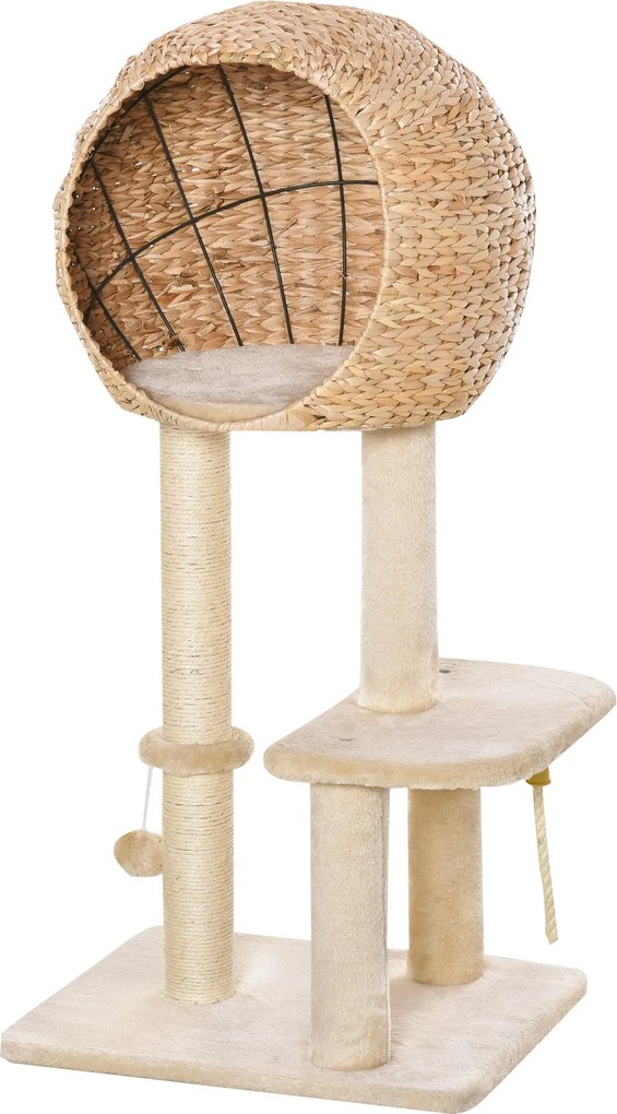 PawHut 100 cm Macskafa Barlanggal, Játék Gömbbel, Zsinegposztokkal, Platformmal, Többszintes Karcolófa Közepes Macskák Számára, Bézs | Aosom