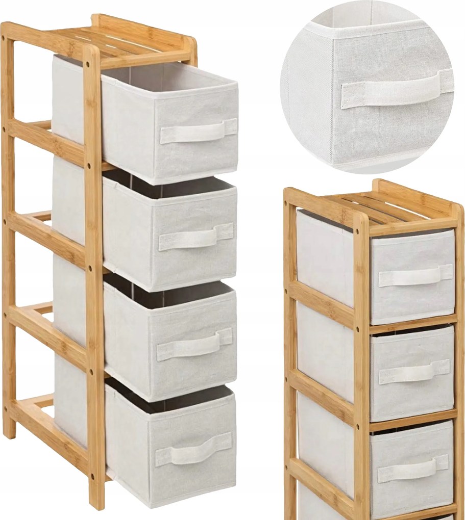 Fürdőszobai tároló állvány 4 textil kosárral Bambusz fiókok