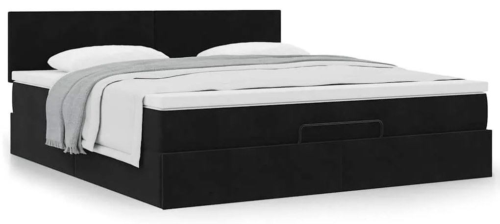 Ottomán ágykeret matraccal fekete 200x200 cm bársony