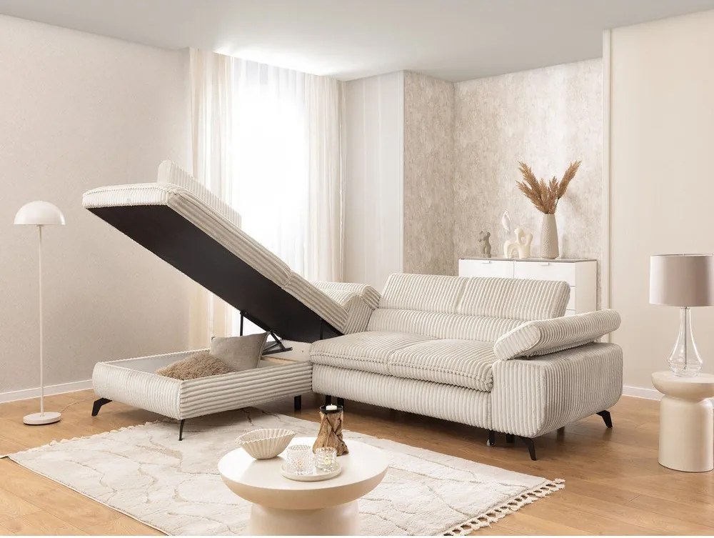 Krémszínű kordbársony sarokkanapé (bal oldali-L alakú) Marbeya – Ropez