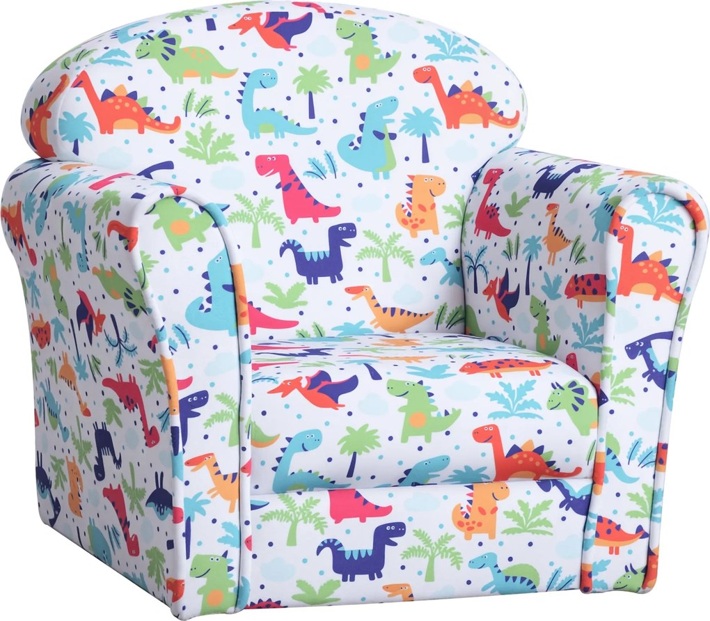 HOMCOM Gyermek Karosszék Kicsiknek +18 Hónap, Dinós Mintás, Szilárd Fa Váz, Hab Párnázás és Flanel Kárpitozás, 50x39x44 cm | Aosom