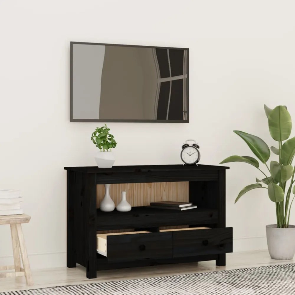 fekete tömör fenyőfa TV-szekrény 79 x 35 x 52 cm