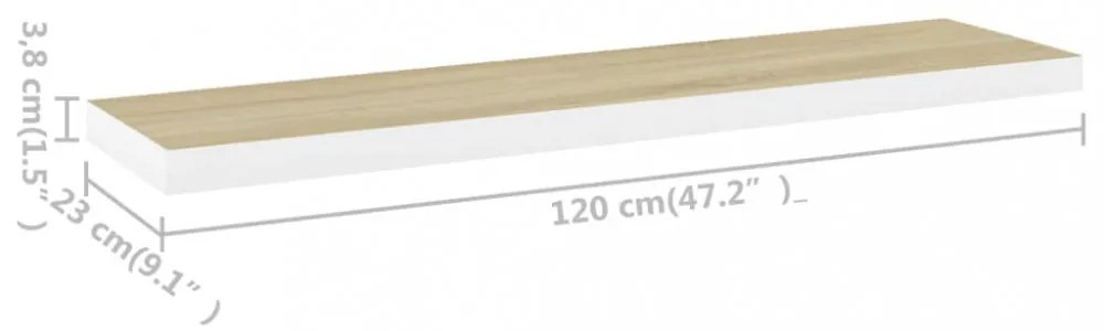 2 db tölgyszínű és fehér MDF lebegő fali polc 120x23,5x3,8 cm