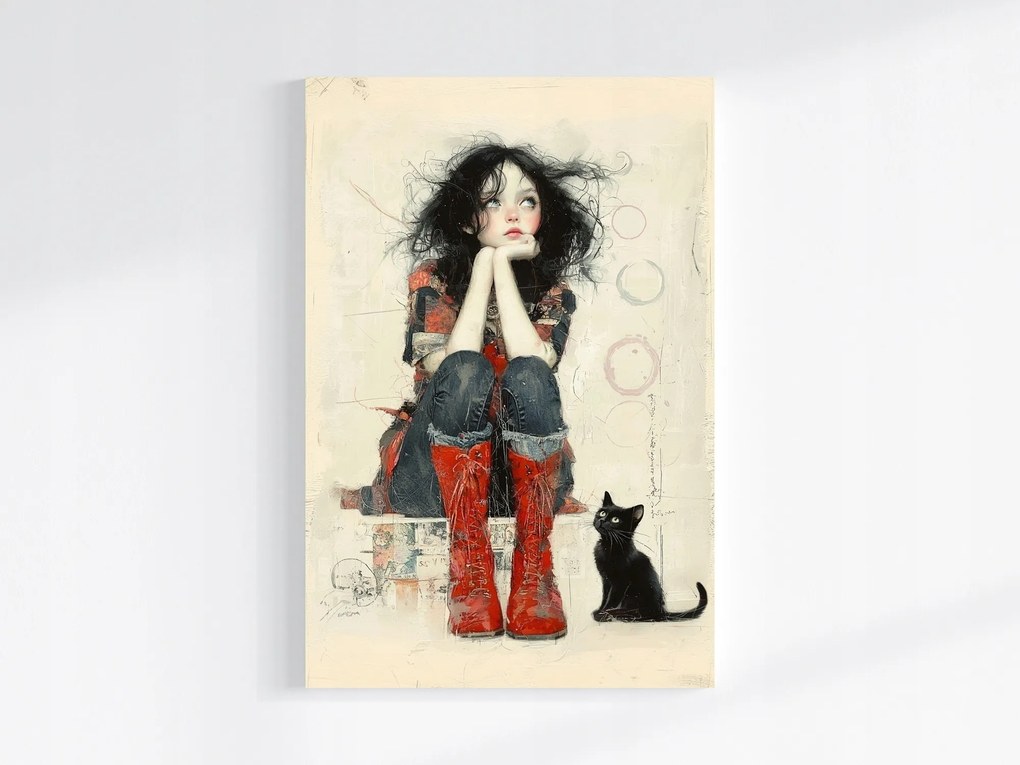 Canvas Vászonkép Álmodozó Kislány Fekete Macska Retro 80x120