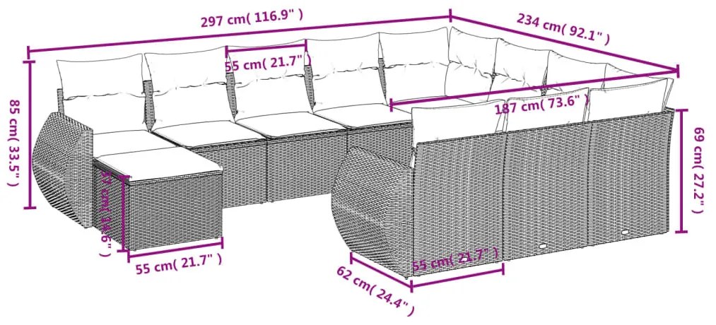 11 részes szürke polyrattan kerti ülőgarnitúra párnákkal