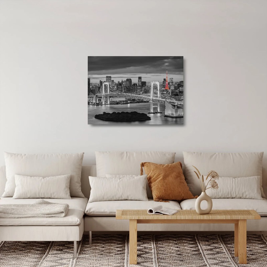Üveg kép - Nagyváros piros toronnyal (70x50 cm)