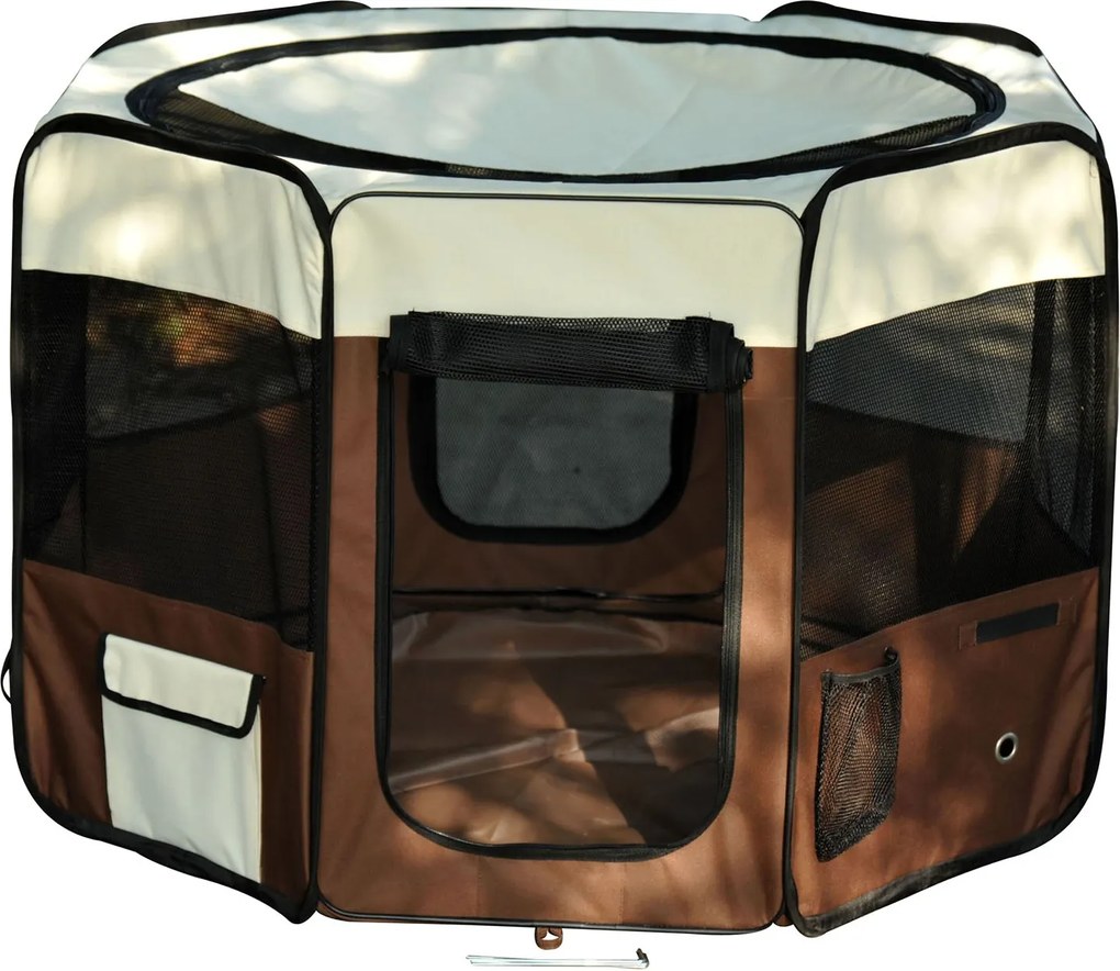 PawHut Összecsukható Nyolcszögletű Kerítés Macskák és Kisállatok Számára Oxford Anyagból és Acélból - méret Ø 117 x 76H cm - bézs-barna | Aosom
