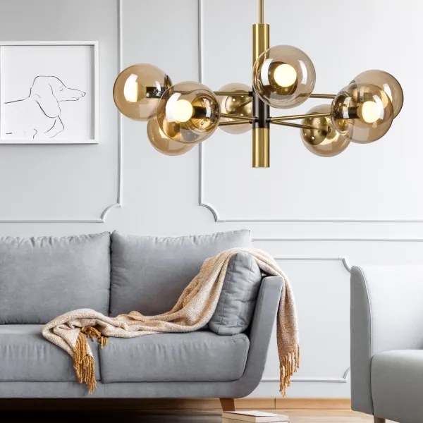 Csillár rúdon ROLLO 8xE14/5W/230V arany/füstös bézs