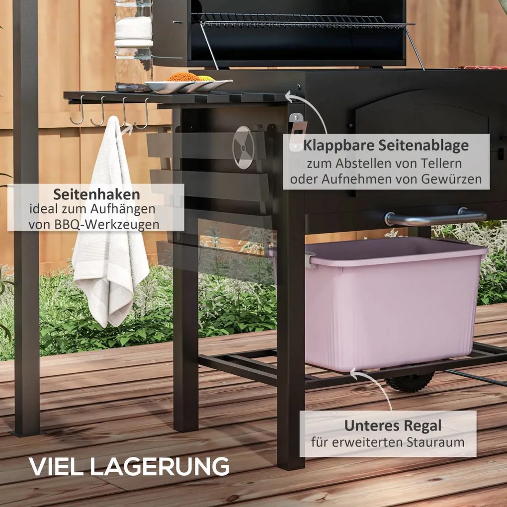 Outsunny Faszenes BBQ grillsütő, állítható faszéntároló rekesz, oldalsó polcok, fekete