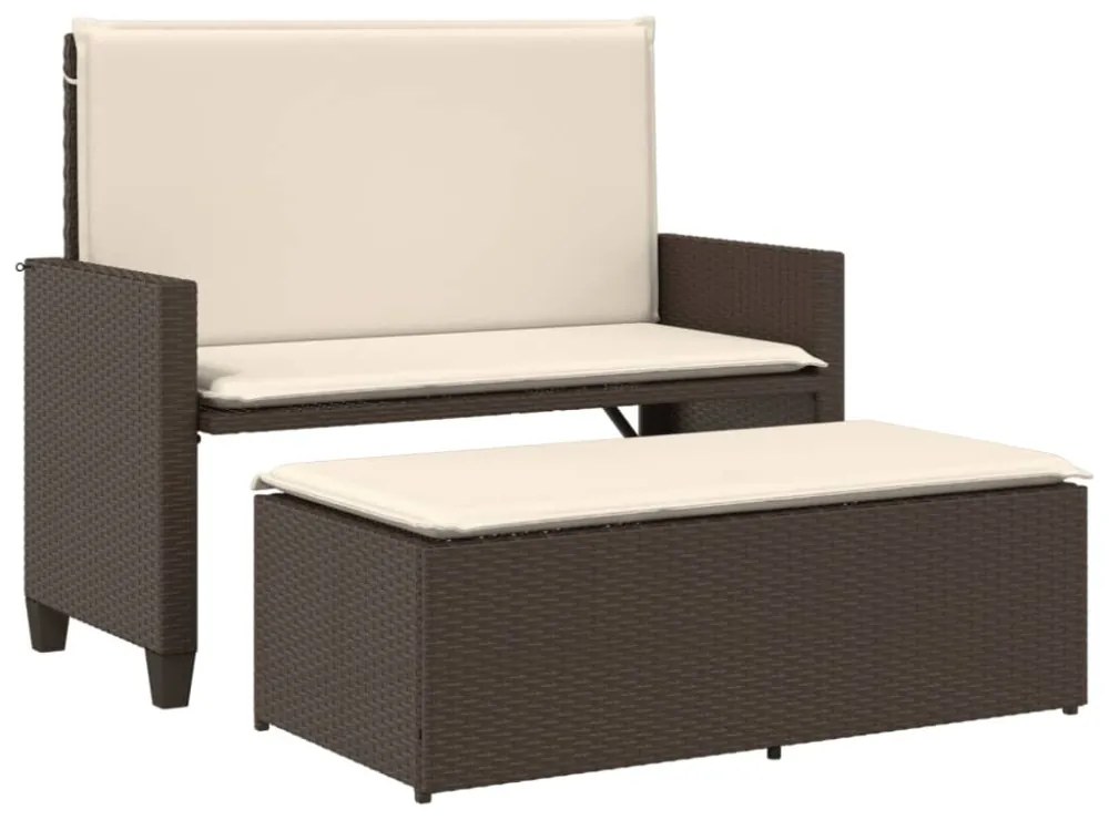 barna polyrattan kerti pad párnákkal és lábtartóval