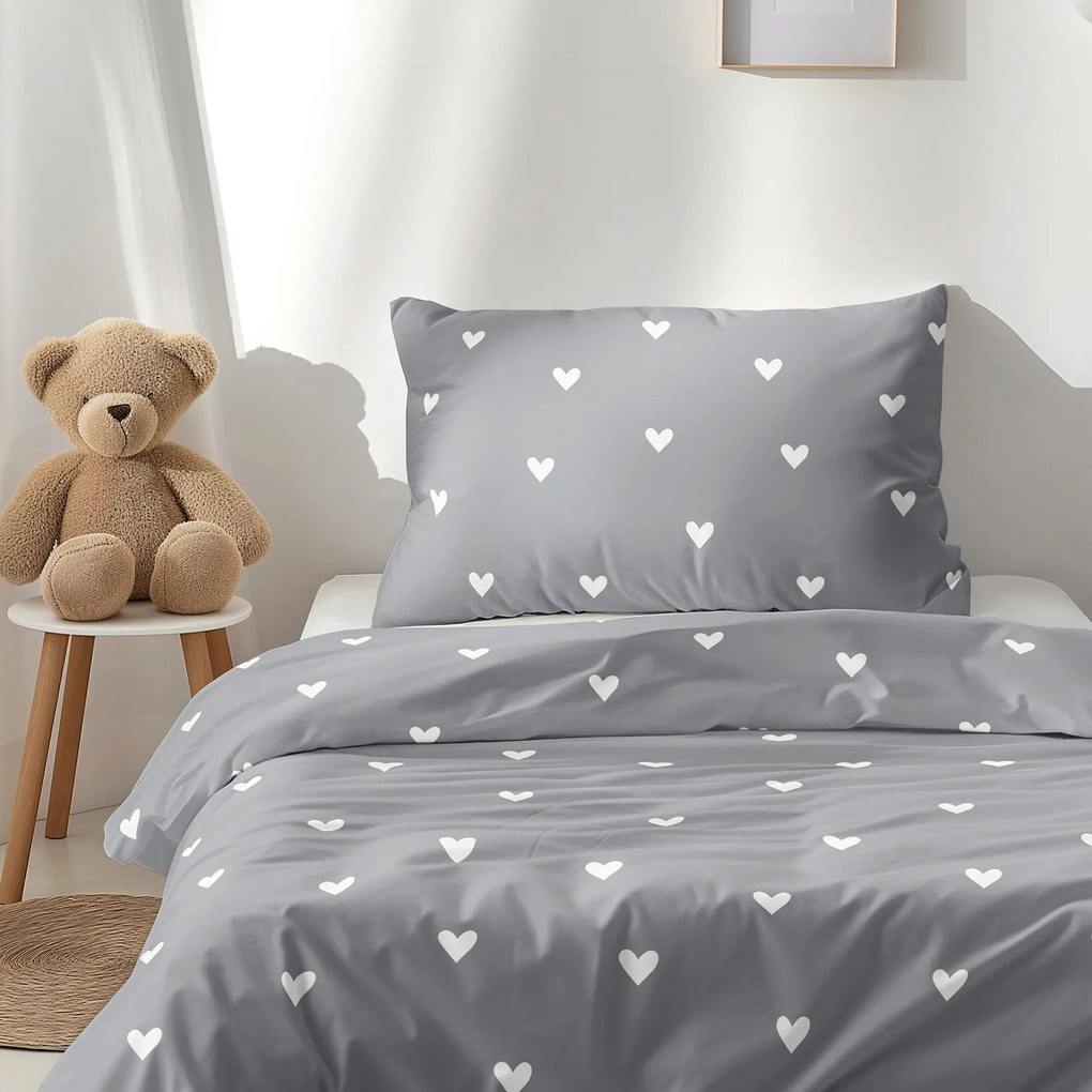 Goldea gyermek pamut ágyneműhuzat - szívecskék, szürke alapon 140 x 200 és 70 x 90 cm