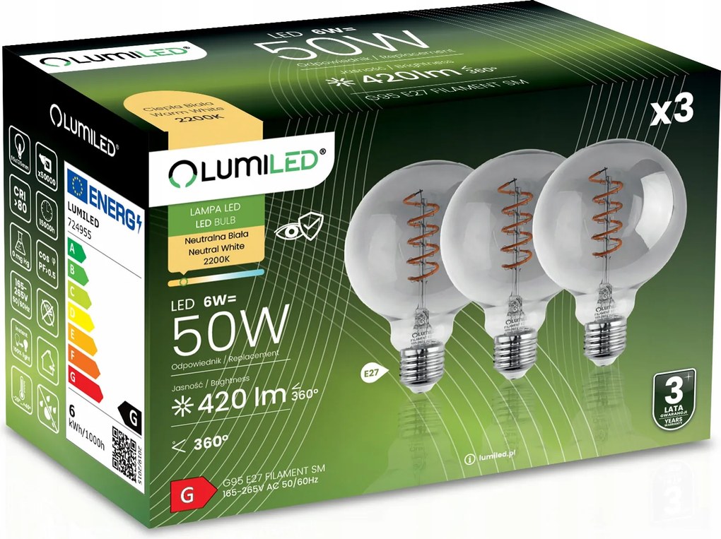3x Led izzó E27 gömb G95 6W 50W Dekoratív 360° Nem Pislog