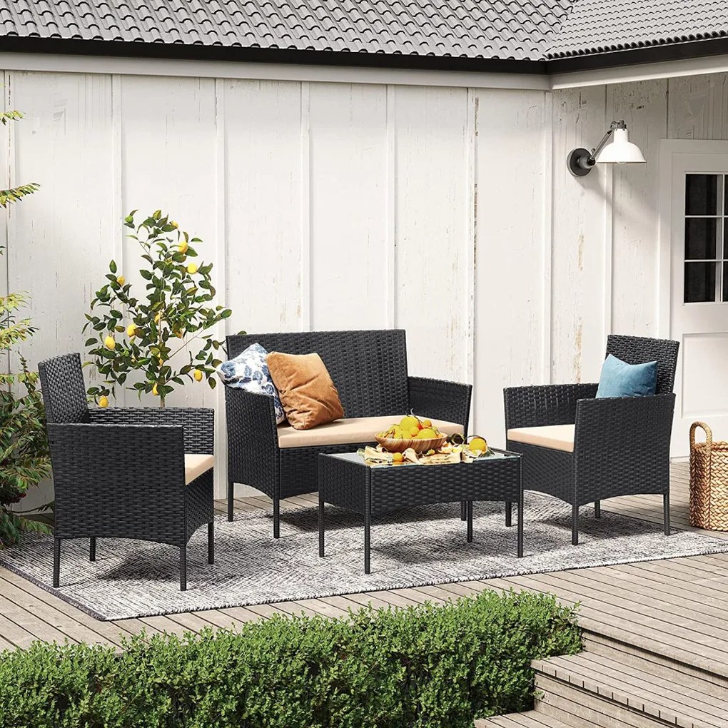 Kerti ülőgarnitúra, polyrattan, fekete és taupe, 58 x 49 x 85 cm
