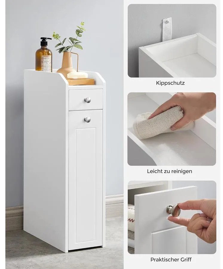 VASAGLE kis fürdőszobai szekrény, álló tárolószekrény kis helyiségekbe, fehér színben