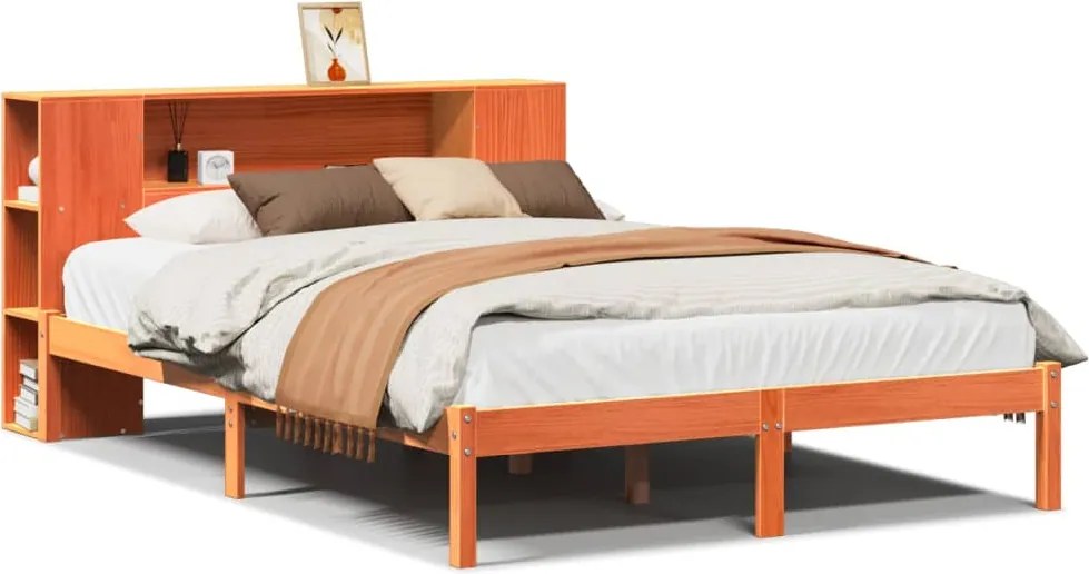 vidaXL barna tömör fenyőfa könyvespolcos ágy matrac nélkül 135 x 190cm