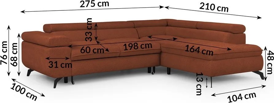 Terrakotta színű zsenília sarokkanapé (jobb oldali-L alakú) Marbeya – Ropez