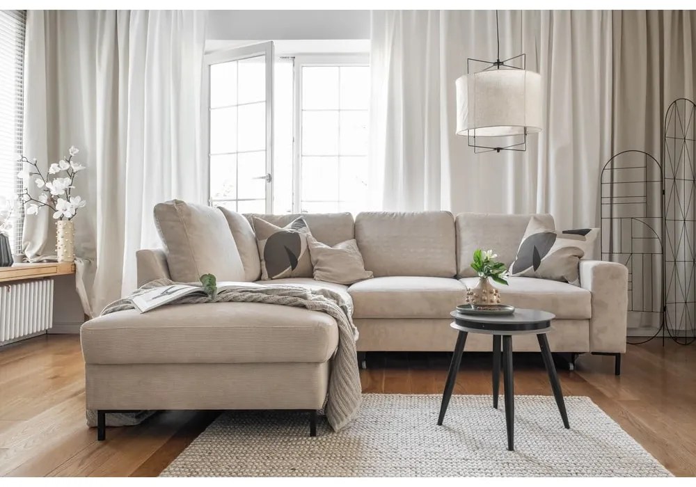 Bézs kordbársony kinyitható sarokkanapé (bal oldali) Lofty Lilly – Miuform