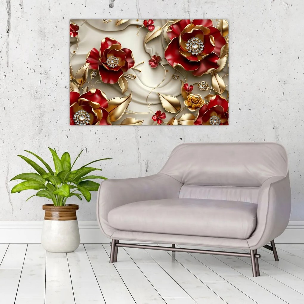 Kép - 3D piros-arany virágok (90x60 cm)