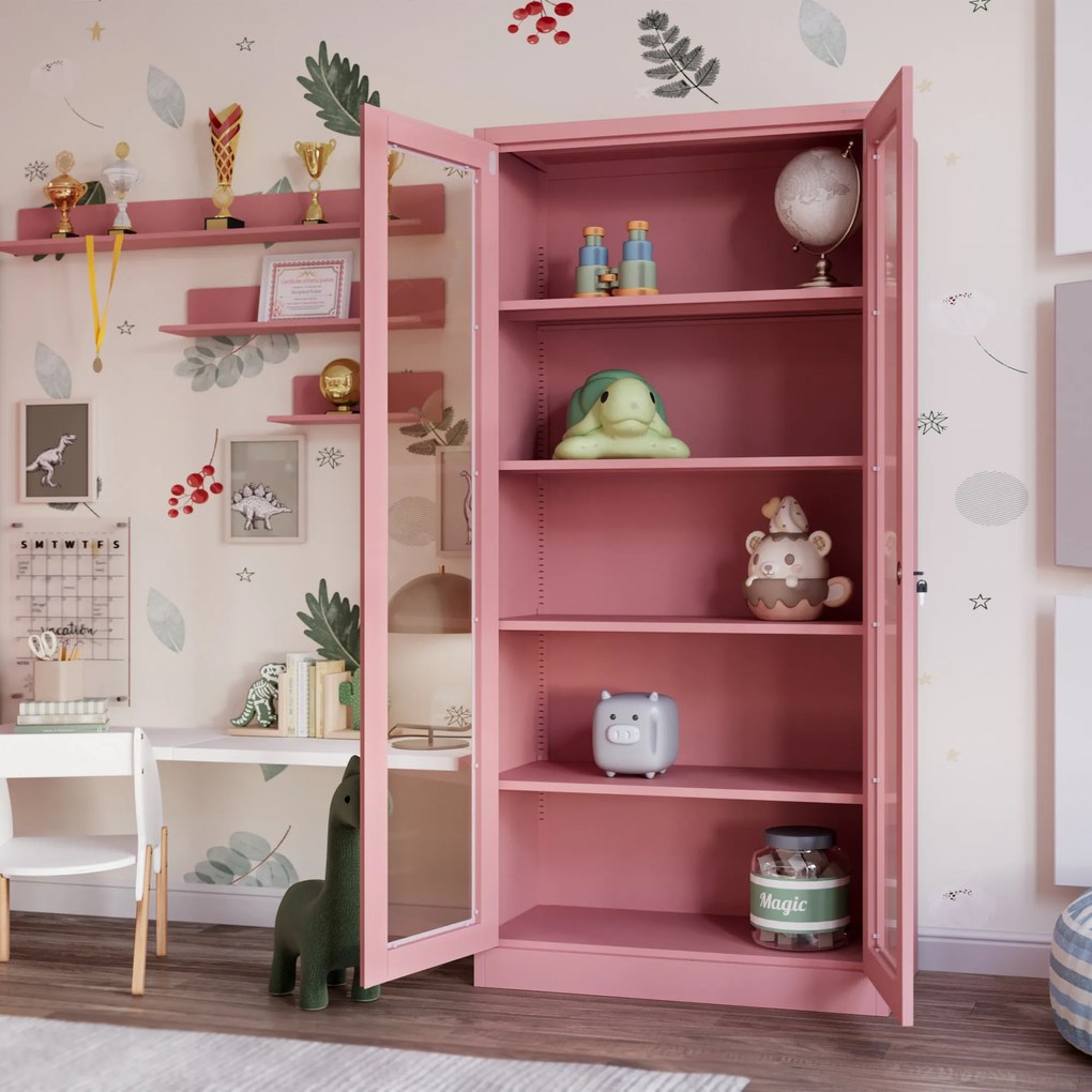 Vitrines szekrény AMELIA, 900 x 1850 x 400 mm, Fresh Style: púderrózsaszín