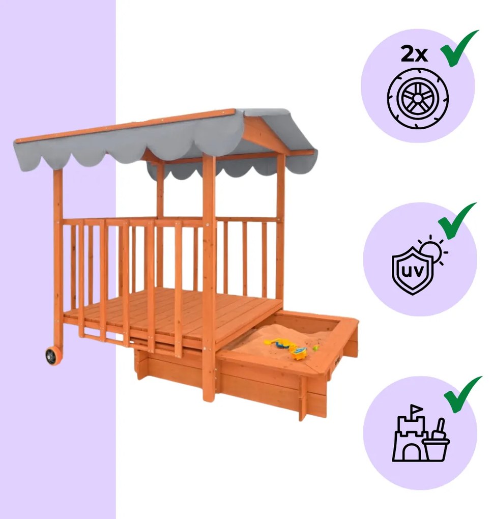 HAPPY homokozó verandával, tömör borókafenyőből 130 x 130 x 143 cm barna szürke Jurhan